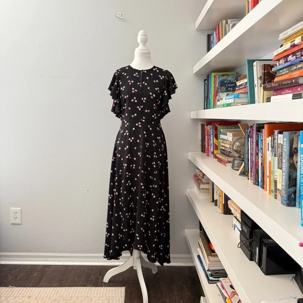 Kate Spade Ditsy Begonia flutter sleeve black floral dress sz 6